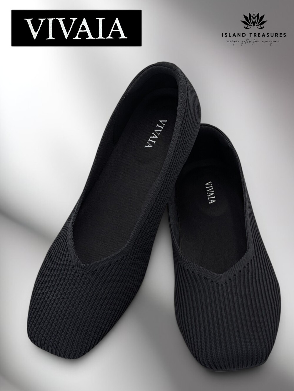 Vivaia Margot 2.0 Sz 7.5 Square-Toe V-Cut Ribbed Knit Ballet Flat Black